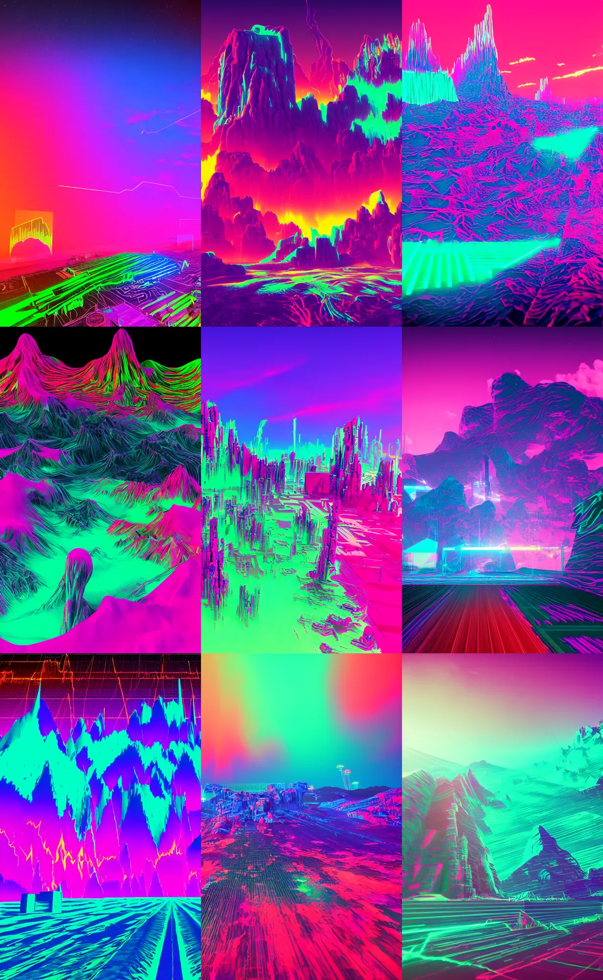 Prompt: synthwave, colorful, glitchy, landscape, in a spectrogram and an oscilloscope, matte painting, unreal engine, 4 k