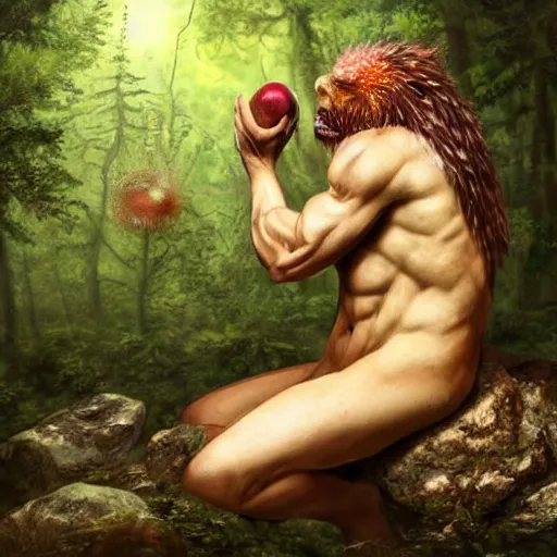 Prompt: A picture of a benign magical homanoid creature sitting on a rock in the forest eating one apple, thinking pose, looking in the distance, style of Petar Meseldžija, detailed, fanstasy