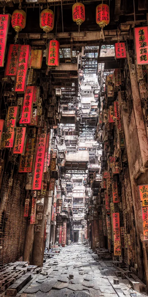 Prompt: an interior view of Kowloon walled city in Hong Kong, very detailed, photoreal, 8k, canon 20mm lens