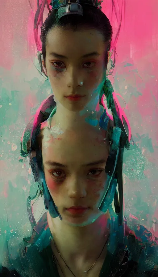 Image similar to altered carbon, detailed portrait young gangster lolita, amazing beauty, visor, neon tattoo, styled hair, decorated traditional japanese ornaments by carl spitzweg, ismail inceoglu, vdragan bibin, hans thoma, greg rutkowski, alexandros pyromallis, perfect face, fine details, realistic shaded