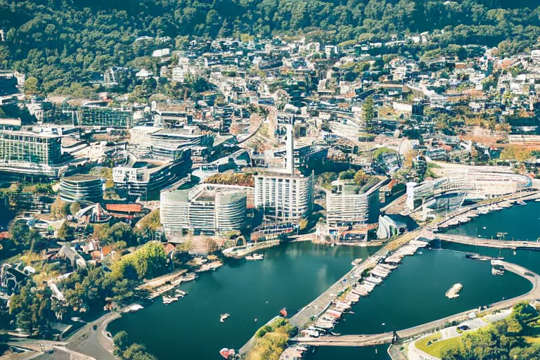 Image similar to bird's eye view photography of a small city. town hall, central farm, monorail station, beach and harbor. hills, woods and lake to the north.