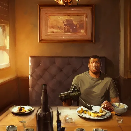 Image similar to A US marine eating crayons in a posh restaurant as a grand theft auto 5 loading screen, art by Andreas Rocha and greg rutkowski, highly detailed, digital painting, matte painting, concept art, illustration, dim lighting, trending on artstation, very detailed