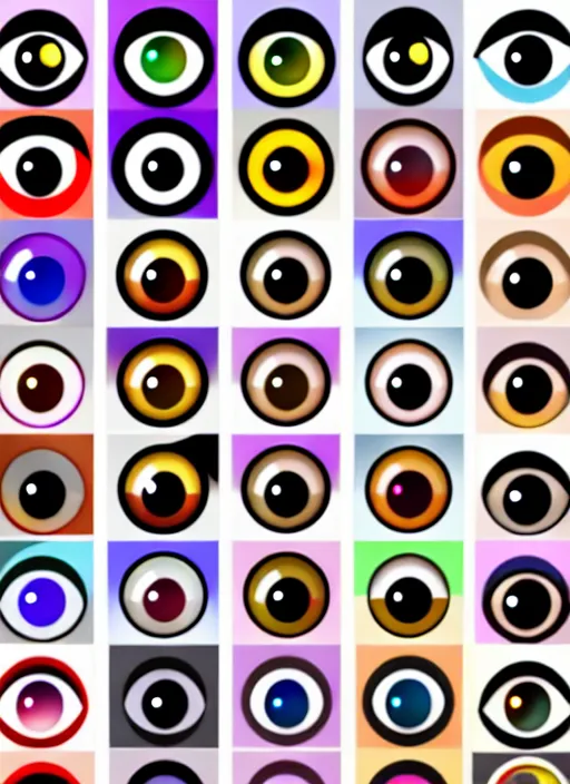 Image similar to diverse eyes!, centered dot pupils, round pupil, happy smiling human eyes, round iris, advanced art, art styles mix, from wikipedia, various eye shapes, eye relections