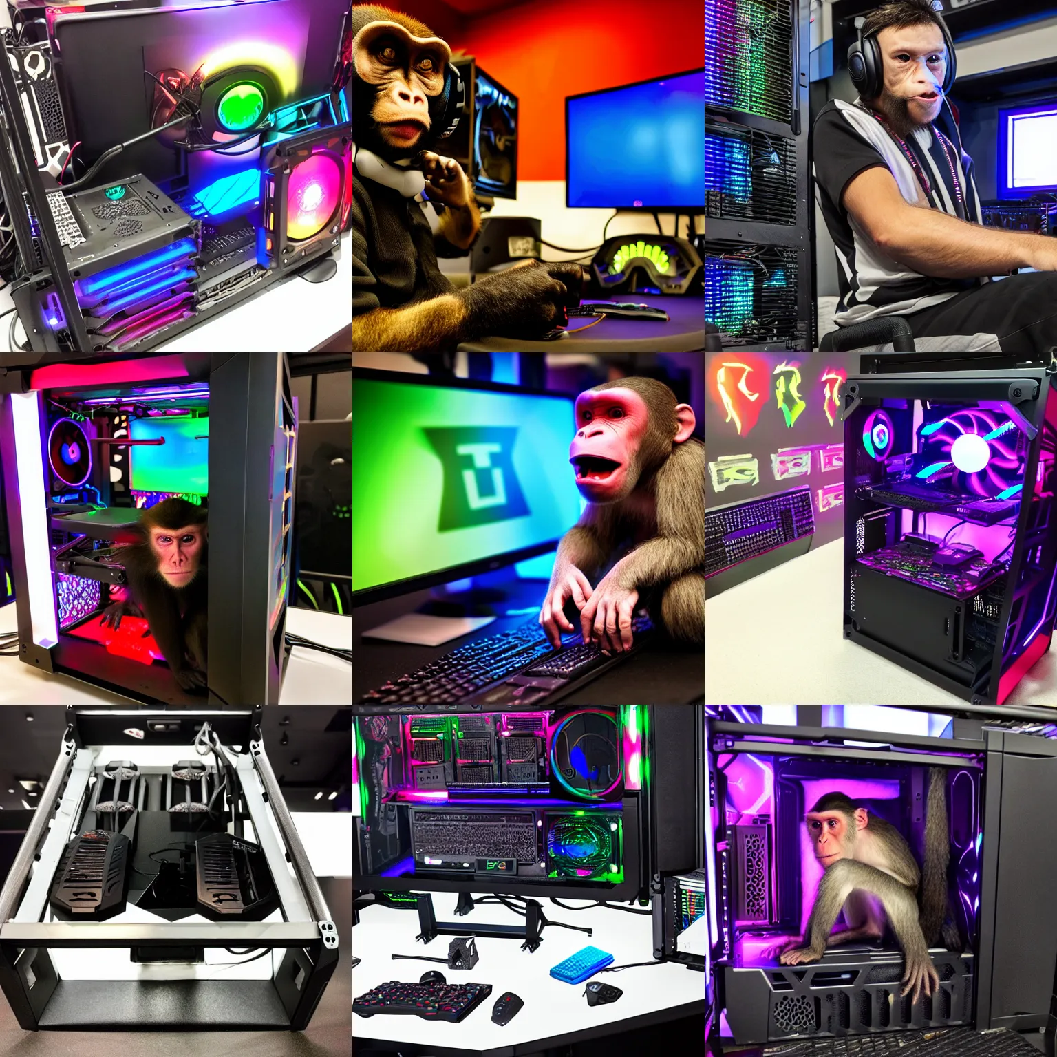 Prompt: angry gamer monkey sitting at rgb gaming rig