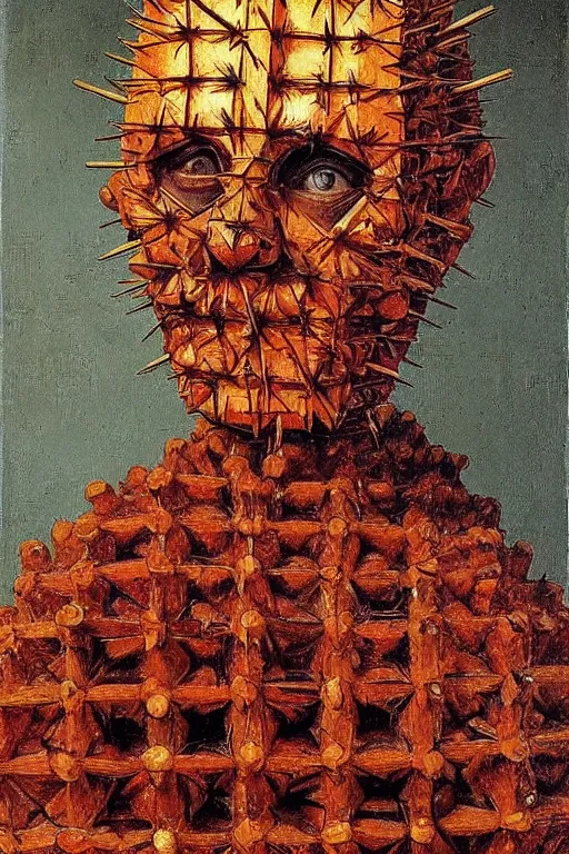 Prompt: portrait of pinhead hellraiser, oil painting by jan van eyck, northern renaissance art, oil on canvas, wet - on - wet technique, realistic, expressive emotions, intricate textures, illusionistic detail