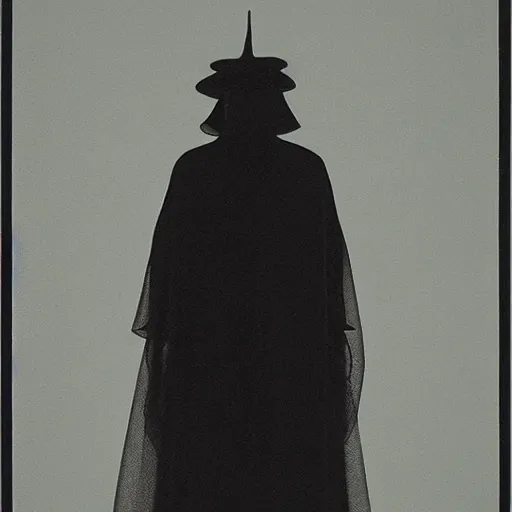 Prompt: A creature 5 meters tall, in a black chiffon layered robe, in a glitch hat Stuck in the textures of the sea, style of Hiroshi Sugimoto::atmospheric illustration