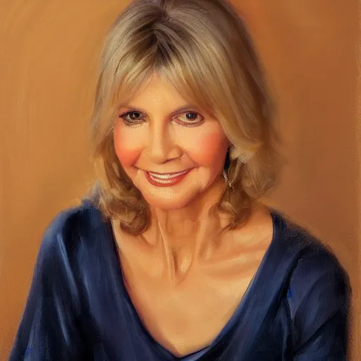 Image similar to closeup portrait of olivia newton john at age 3 0 years, evening, highly detailed and realistic oil painting, vladimir volegov, artstation