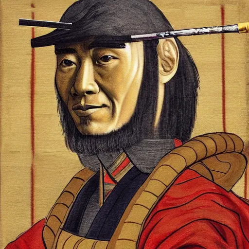 Image similar to obama as a samurai, painting by leonardo davinci