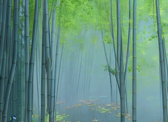 Prompt: deep in a misty japanese bamboo forest, small river, sunny, cartoony, 9 0 s anime style, soft, realistic lighting, by ghibli studio, makoto shinkai, toei animation, trending on artstation, 4 k, hd