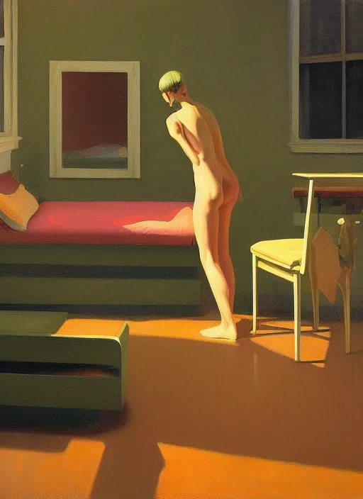 Image similar to time does not exist anymore by edward hopper and james gilleard, zdzislaw beksinski, overgrown vegetation, open ceiling, highly detailed, no white people, painted by francis bacon, painted by james gilleard, airbrush, ilya kuvshinov, wlop, stanley artgerm, very coherent, art by takato yamamoto and james jean