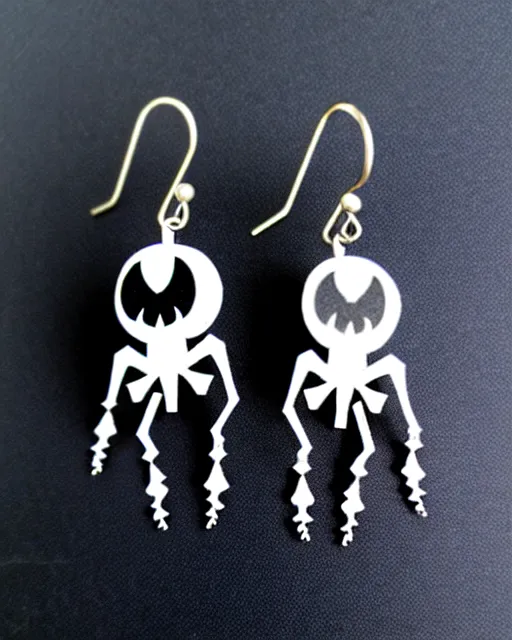 Image similar to spooky cartoon spider, 2 d lasercut earrings, in the style of tim burton