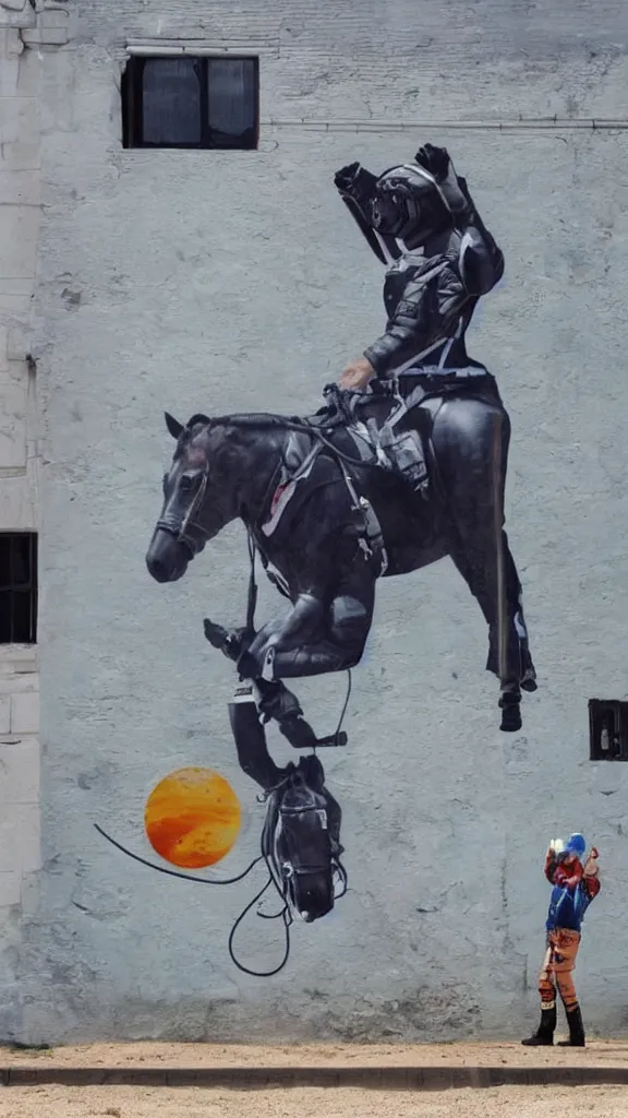 Image similar to astronaut takes a selfie, a horse riding an astronaut, a horse in the background, no gravity, street art, stencill