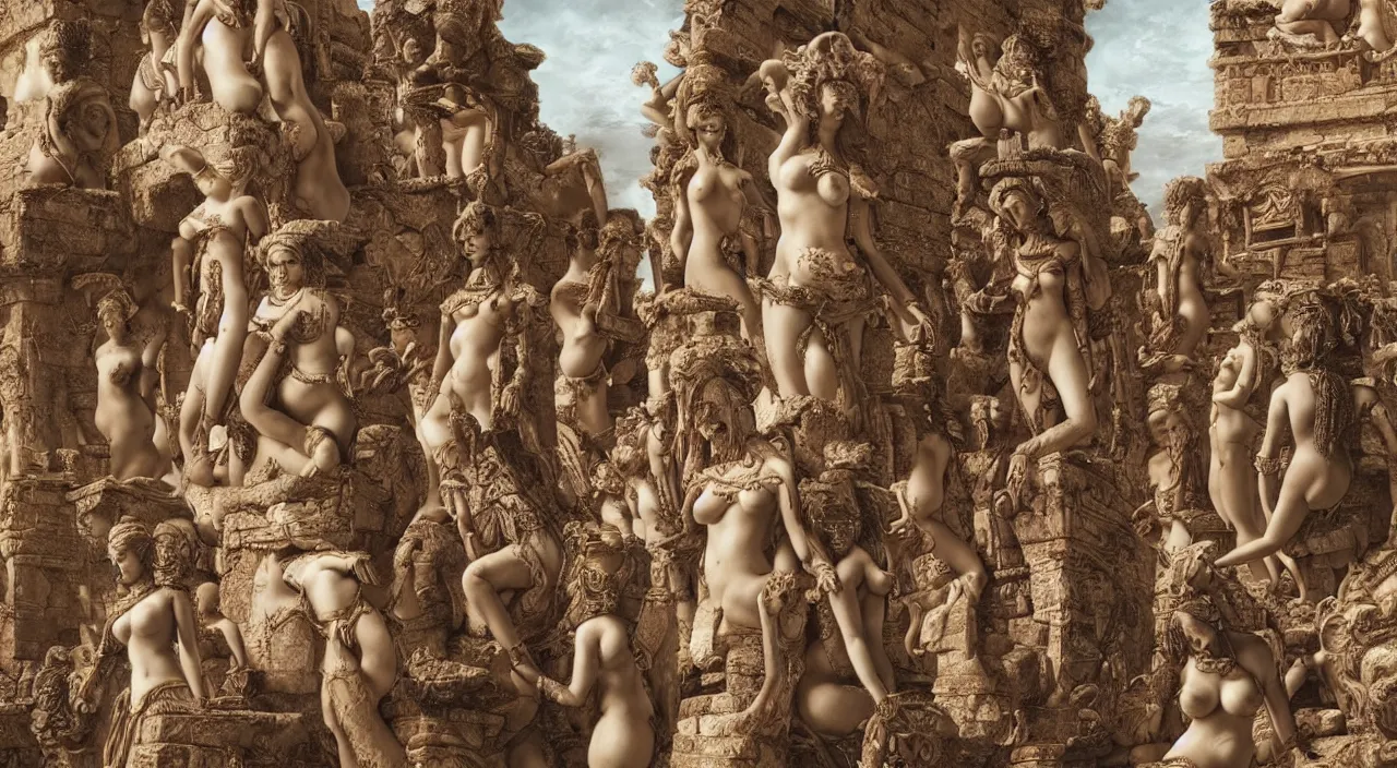 Image similar to “ giant women body sculptures in kamasutra poses creating a rare city at the kingdom of julius caesar, roman historic works, hyper - detailed, artstation trending, world renowned artists, historic artworks society, antique renewel, good contrast, realistic color, cgsociety, by greg rutkowski, gustave dore, deviantart ”
