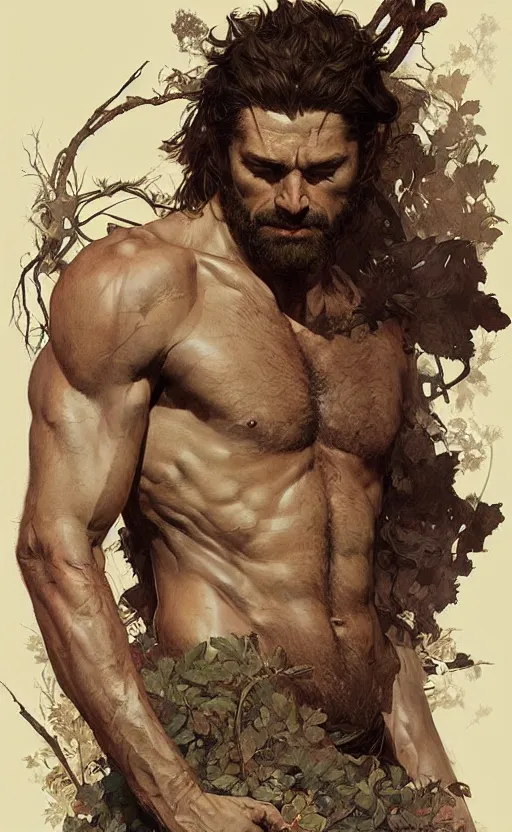 Image similar to portrait of the god of the forest, 30 years old, rugged, male, gorgeous, detailed face, amazing, thighs!!!!!!, muscular, intricate, highly detailed, digital painting, artstation, concept art, sharp focus, illustration, art by greg rutkowski and alphonse mucha