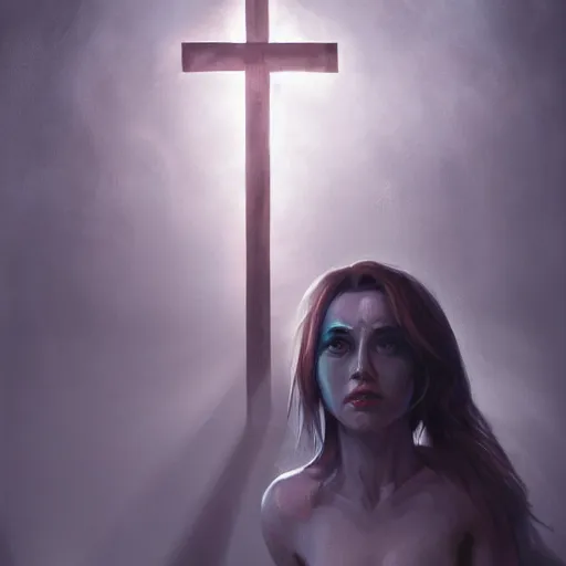 Prompt: shameless woman whis impudent facial expression, shadow of the cross in front, dark and mysterious, atmospheric, trending on artstation, highly detailed, digital painting, volumetric light, concept art, middle focus, illustration