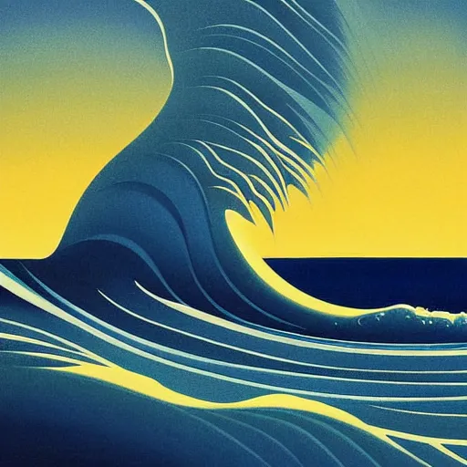 Image similar to waves crashing on the shore, shades of blue, by eyvind earle