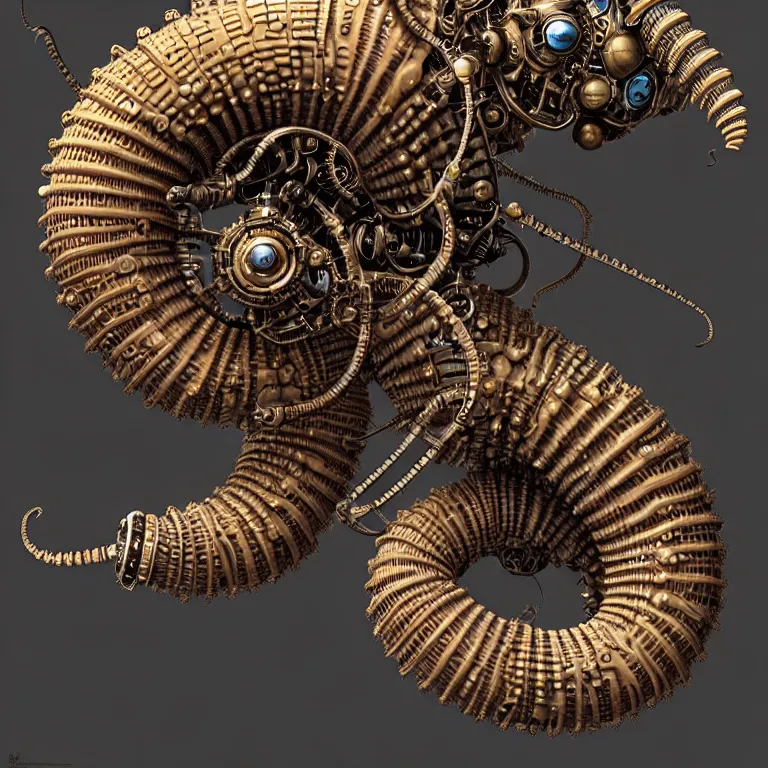 Image similar to steampunk robot millipede, 3 d model, unreal engine realistic render, 8 k, micro detail, intricate, elegant, highly detailed, centered, digital painting, artstation, smooth, sharp focus, illustration, artgerm, tomasz alen kopera, peter mohrbacher, donato giancola, joseph christian leyendecker, wlop, boris vallejo