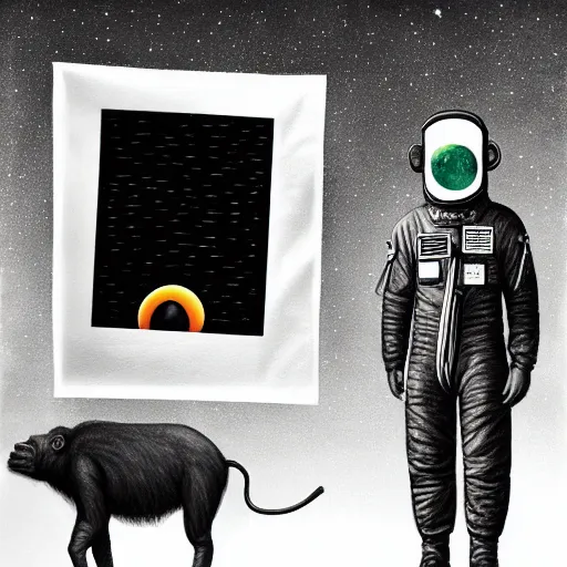 Image similar to pencil art, realistic self portrait, astronaut with a chimpanzee, psychedelic, solar eclipse.