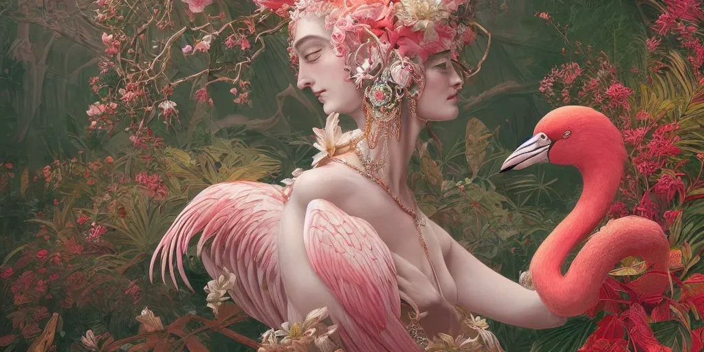 Image similar to breathtaking detailed concept art painting of the goddess of flamingo, orthodox saint, with anxious, piercing eyes, ornate background, amalgamation of leaves and flowers, by Hsiao-Ron Cheng and John James Audubon, extremely moody lighting, 8K