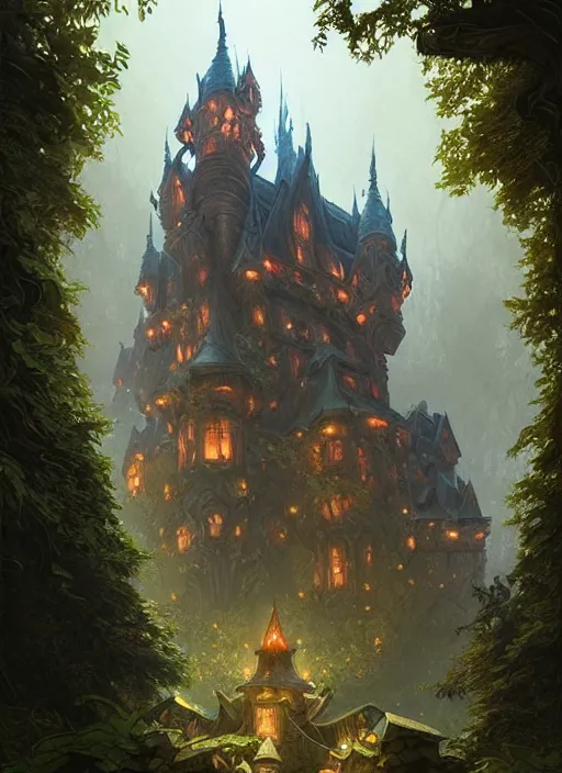 Image similar to an evil castle in the forest, deep focus, d & d, fantasy, intricate, elegant, highly detailed, digital painting, artstation, concept art, matte, sharp focus, illustration, hearthstone, art by artgerm and greg rutkowski and alphonse mucha