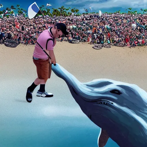 Prompt: highly detailed photo of a midget golfer standing on a beached whale. the crowd is cheering him as he lifts the trophy. highly detailed render, photorealistic, concept art, sfx