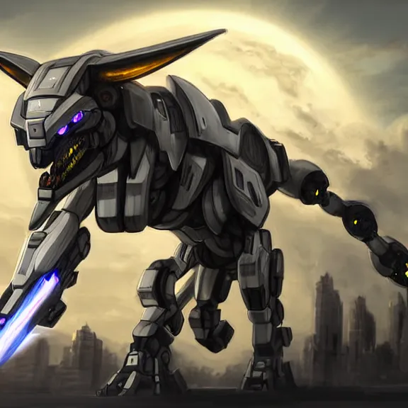 Image similar to hyper realistic, epic, highly detailed cinematic full body shot of a mecha canine, sharp claws, sleek armor, glowing visor, destroying city, digital art, furry art, dragon art, zoids art, furaffinity, deviantart