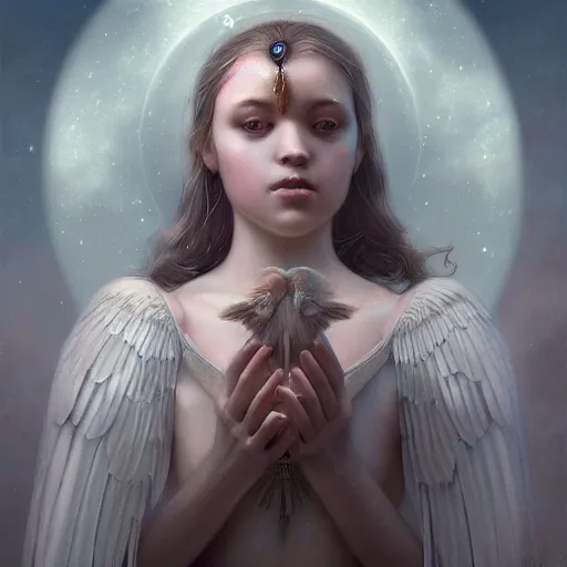 Image similar to A beautiful digital painting of a baby Seraphim, princess, the moon behind her, intricate, cinematic lighting, highly detailed, digital painting, Artstation, concept art, smooth, sharp focus, illustration, art by Tom Bagshaw, Artgerm and Greg Rutkowski
