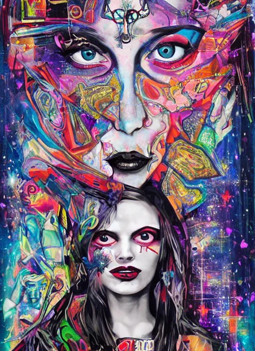 Prompt: collage of gorgeous magic cult psychic woman smiling, third eye, energetic consciousness psychedelic, epic surrealism expressionism symbolism, story telling, iconic, dark robed, oil painting, symmetrical face, dark myth mythos, by Sandra Chevrier masterpiece cutout layering