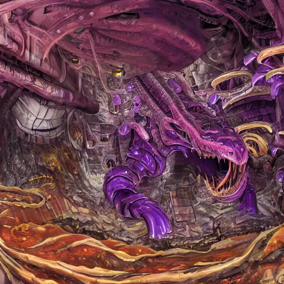 Image similar to detailed shot of inside a cavernous living stomach of a giant mecha dragon, the walls purple and pulsing, slimy and hot, lots of acid pooling up on the floor, digesting a bunch humans that ended up inside, food pov, micro pov, vore, digital art, furry art, high quality, 8k 3D realistic, macro art, micro art, Furaffinity, Deviantart, Eka's Portal, G6