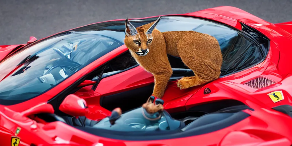 Prompt: caracal driving a ferrari, awarding winning photo, incredible detail, sony 3 5 mm lens