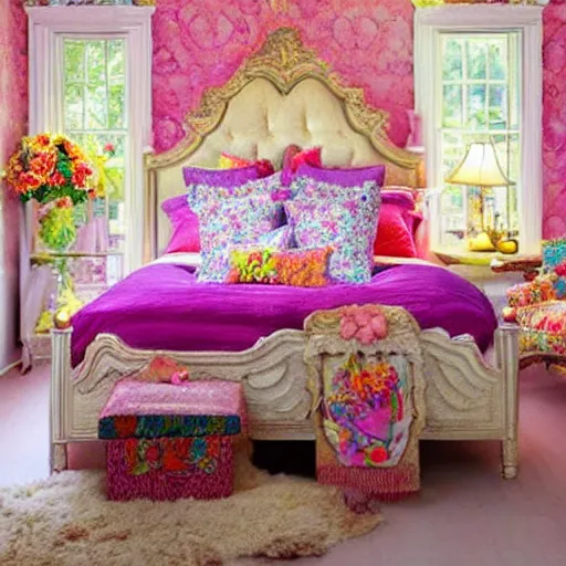 Image similar to a cozy bedroom decorated by Lisa Frank, detailed, high resolution, wow!, intricate