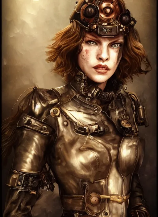 Prompt: Young Milla Jovovich as a steampunk warrior, grungy, glowing eyes, , Photo realistic, radiant skin, perfect face, intricate, Promotion still, Trending on Artstation