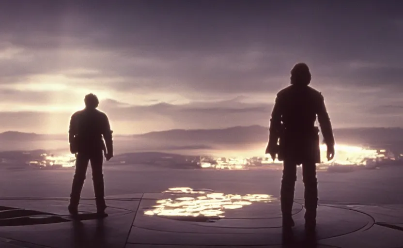 Prompt: iconic wide cinematic screen shot of luke skywalker downtrodden with r 2 - d 2, standing with a view of coruscant at sunset, from the thrilling scene from the hbo succession, moody cinematography, foggy volumetric lighting, hyper detailed scene, anamorphic lenses 2 4 mm, lens flare, award winning