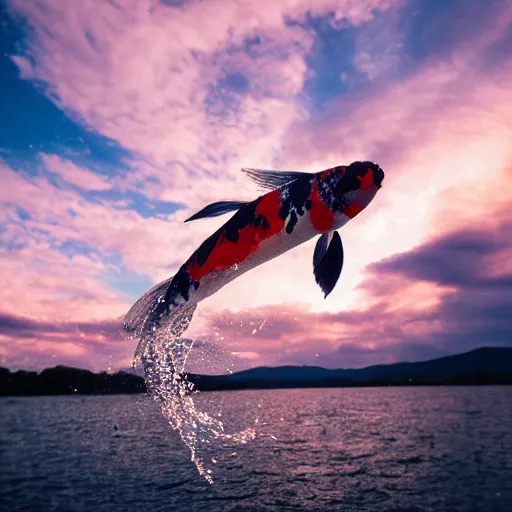 Image similar to photograph of a flying koi fish, majestic, clouds in the background, sharp focus, beautiful, enhanced colors, sunset colors, hd, cinematic lighting, 8k