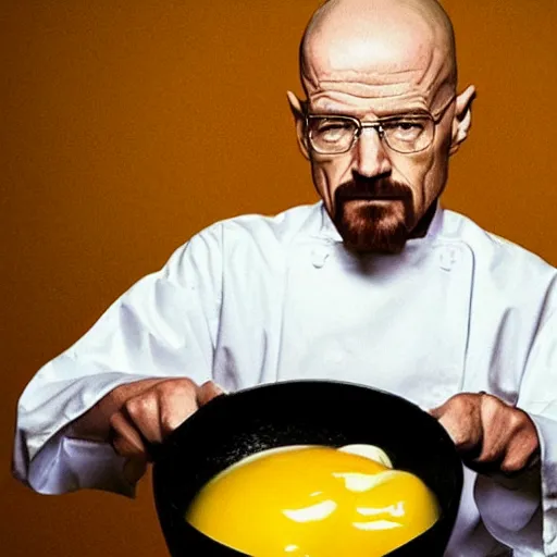 Prompt: walter white cooks an egg, an egg