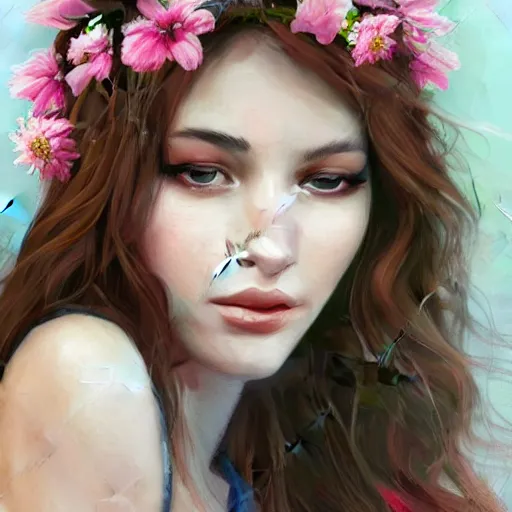 Image similar to a photorealistic portrait of a beautiful woman with flowers in her hair, artstation, outdoors