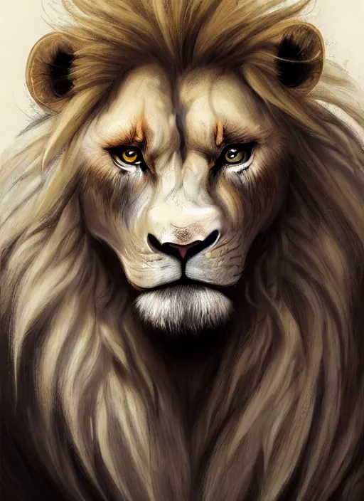 Image similar to award winning beautiful portrait commission of a male furry anthro albino lion wearing a burnt and torn tuxedo outfit with scarred face and scratches on his muscular belly with beautiful hyperdetailed face. Character design by charlie bowater, ross tran, and makoto shinkai, detailed, inked, western comic book art