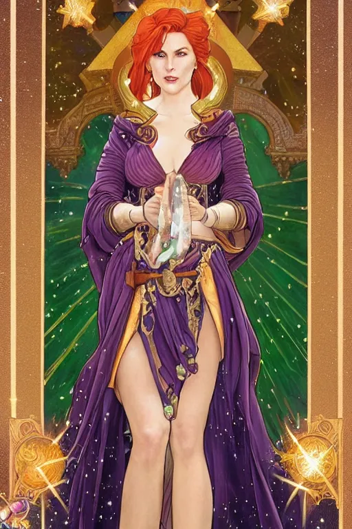 Prompt: a full body tarot card of triss merigold as the thicc empress of time, long and beautiful floor length nebula colored dress made of stars and stardust, emerald tiara and necklace, space, universe, portrait, highly detailed, deep focus, elegant, digital painting, smooth, sharp focus, ultra realistic, 8 k, art by artgerm and alphonse mucha