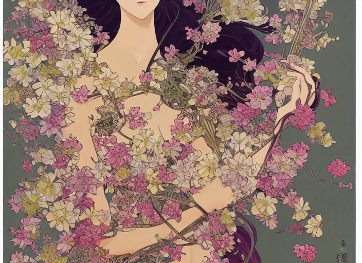 Image similar to oil painting, long shot, beautiful floralpunk japanese bio mechanical female illustration detailed patterns art of japan traditional dress, flower pop art, floral splash painting, art by ashley wood, alphonse mucha, makoto shinkai, geof darrow, dark shadow