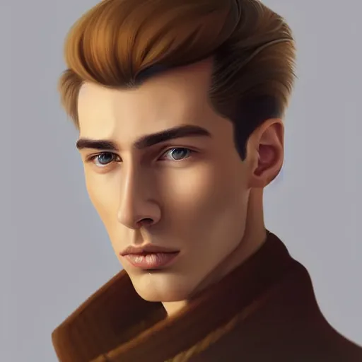 Image similar to tall man in his twenties with brown blond short quiff hair and thin slightly round facial structure with cleft chin, straight eyebrows and prominent nose, good definition of cheekbones, big hazel nut brown eyes, narrow face, slim body, atmospheric lighting, painted, intricate, 4 k, highly detailed by charlie bowater