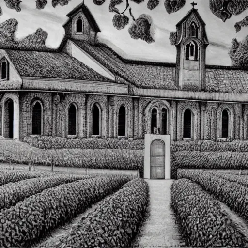 Image similar to Hyperrealism traditional austian church in a vineyard, painting by MC Escher