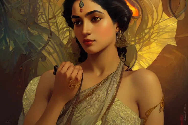 Image similar to sensual bengali girl, art deco portrait, elegant, intricate, digital painting, artstation, concept art, smooth, sharp focus, illustration, art by artgerm and greg rutkowski and alphonse mucha