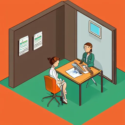 Image similar to a graphic novel line drawing of a cute brown haired female doctor with a ponytail, sitting behind a desk in a green cubicle, on the desk is an orange juice box. On the wall hangs a poster of sisyphos pushing a ball up a hill. Drawn in isometric perspective