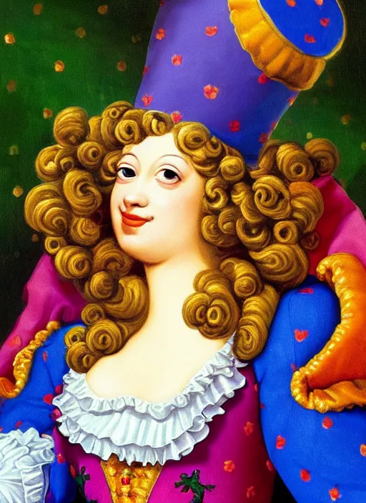 Prompt: baroque rococo painting Royal Fancy Jester clown Hildebrandt Lisa Frank high detail cute adorable whimsical up close