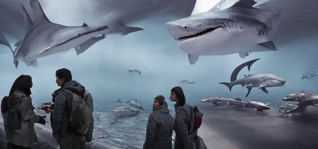 Prompt: a robotic shark painting portraits for a line of tourists, foggy, cinematic shot, photo still from movie by denis villeneuve, wayne barlowe