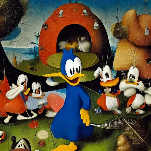 Prompt: donald duck in the garden of earthly delights by hieronymus bosch, hyper detailed, photorealistic.