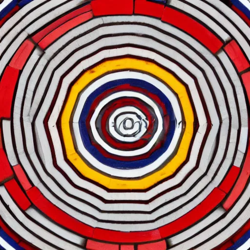 Prompt: a circular pattern of red yellow and grey - blue eye shapes, intricate, made of wood