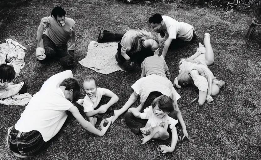 Image similar to 35mm photo of family playing twister in the backyard, 8k, highly detailed