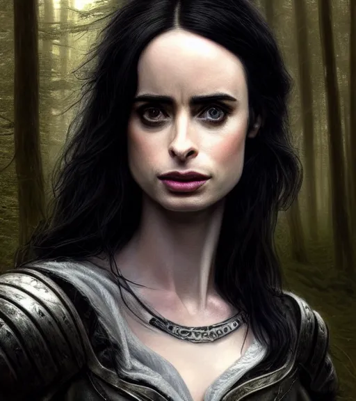 Prompt: 5 5 mm close up portrait photo of krysten ritter as yennefer of vengerberg in black leather armor and long black thick hair who has purple eyes, in a forest. magical atmosphere. art by greg rutkowski. lifelike. very detailed 8 k. intricate. soft light. nikon d 8 5 0.