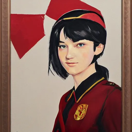 Prompt: oil paining of twentytwo year old female character with cat ears wearing soviet era uniform, wearing a tshirt with a face of karl marx on it, in the style of krenz cushart